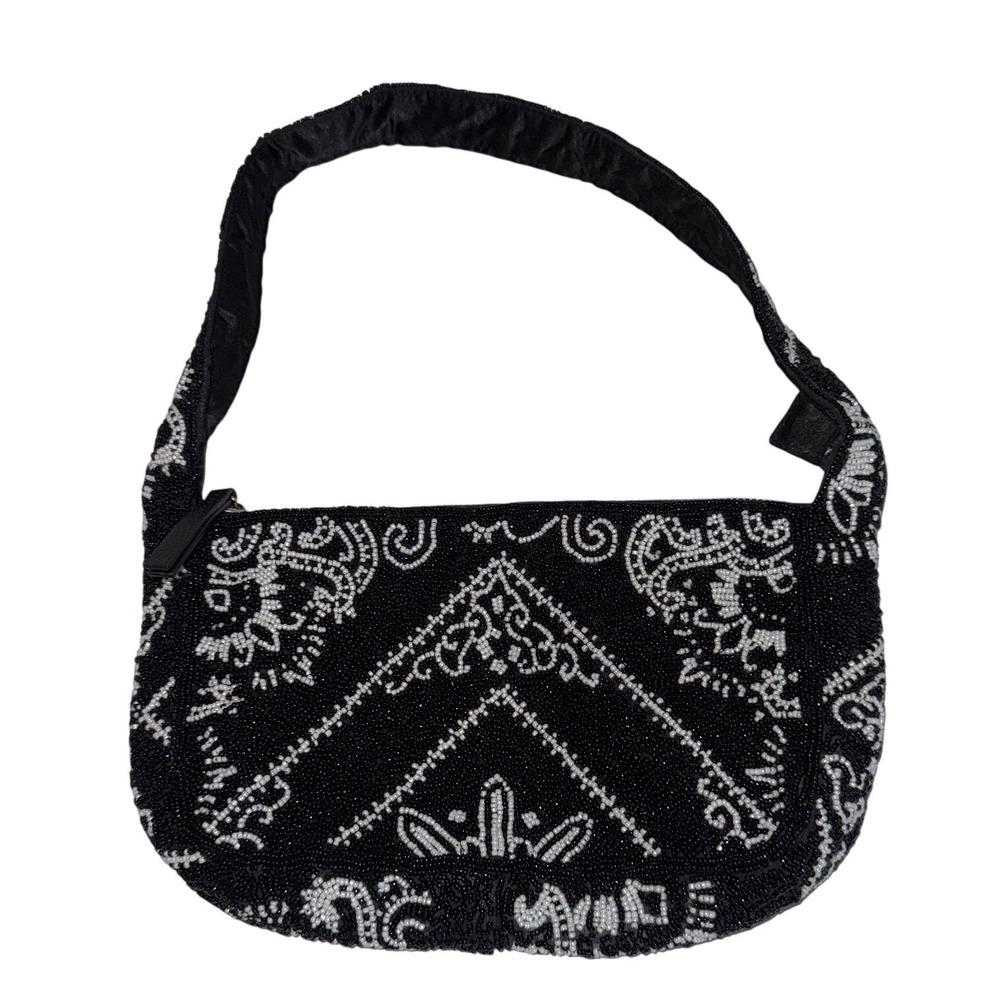 River Island Black White Beaded Shoulder Bag Vintage Style Evening Purse 769886